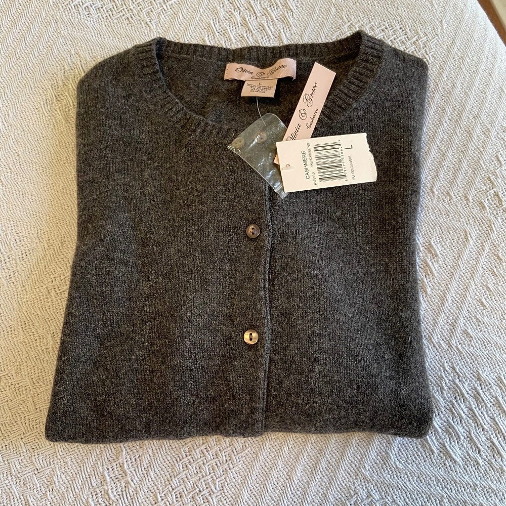 Heather Grey Cashmere Cardigan Sweater; Large; Lightweight; Long Sleeves